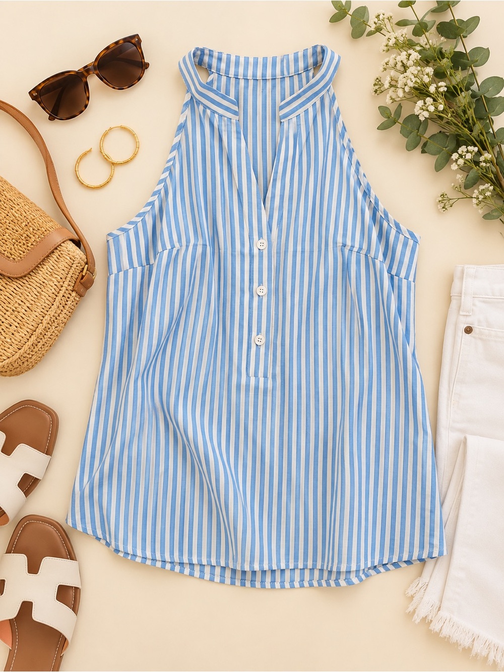 Cupshe Blue White Striped Halter Tank Top Size M NWT Coastal